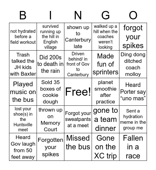 MB Cross Country Bingo Card