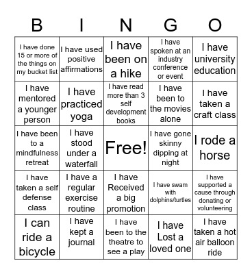 Life Experiences Bingo Card