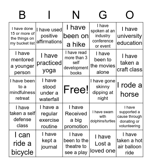 Life Experiences Bingo Card