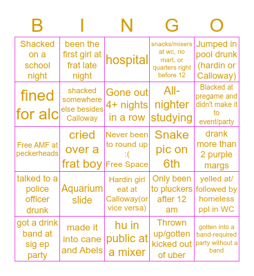 Freshmen UT Girl Bingo Card