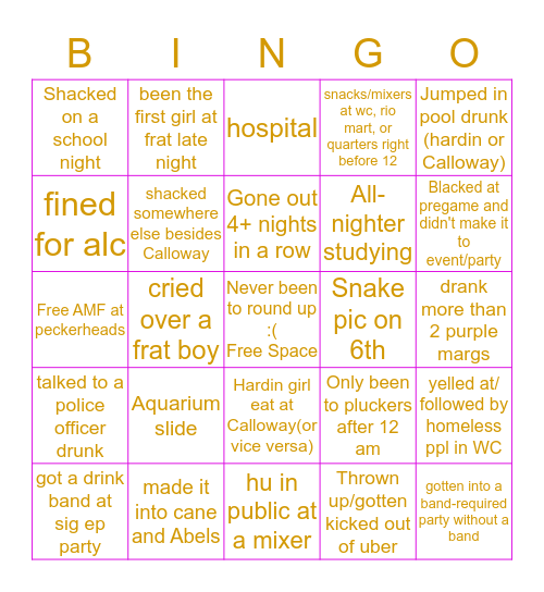 Freshmen UT Girl Bingo Card