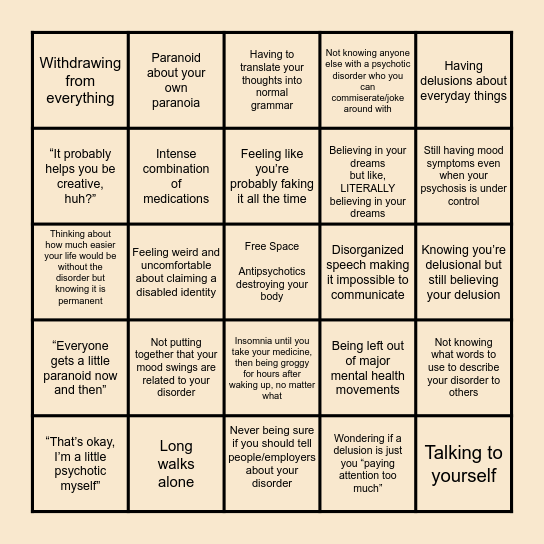 Psychotic Disorder Bingo Card