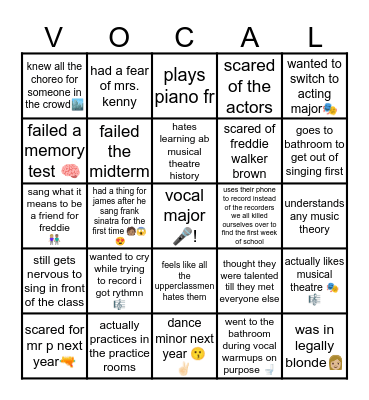 Freshman Vocal Major Bingo Card