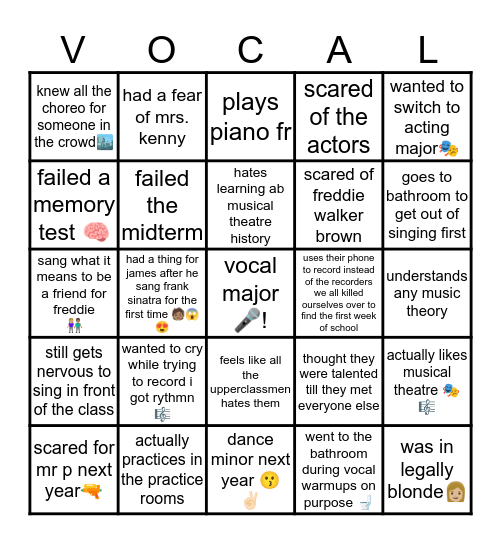 Freshman Vocal Major Bingo Card