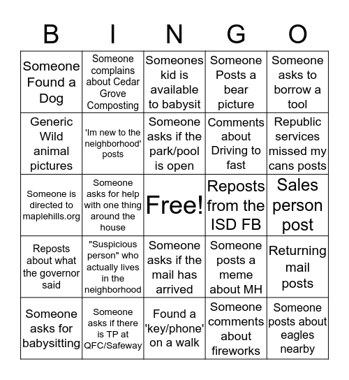 Maple Hills Bingo Card