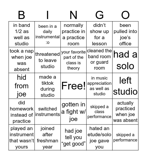 Instrumental Studio Bingo Card