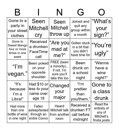 BINGO: Mitchell Edition Bingo Card