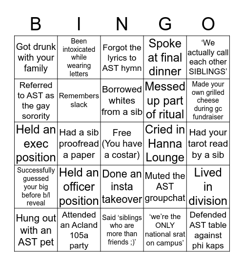 AST Bingo Card