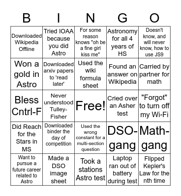 Science Olympiad: Astronomy Bingo Card