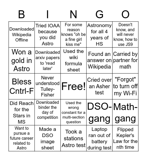 Science Olympiad: Astronomy Bingo Card