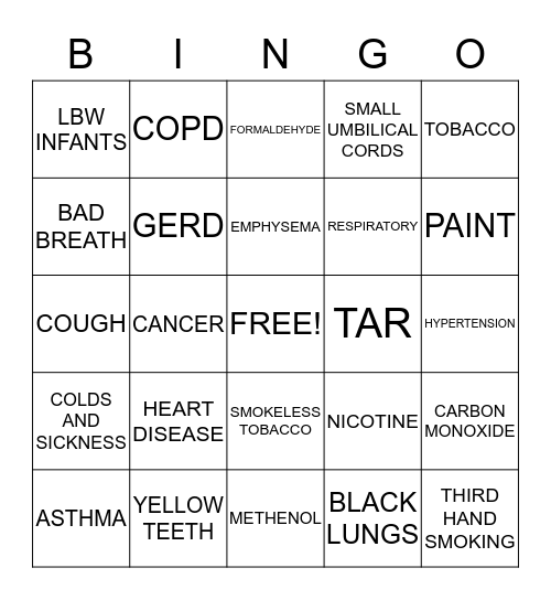 TOBACCO BINGO Card