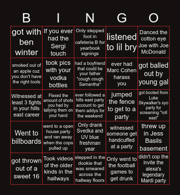 Hills Easy Bingo Card