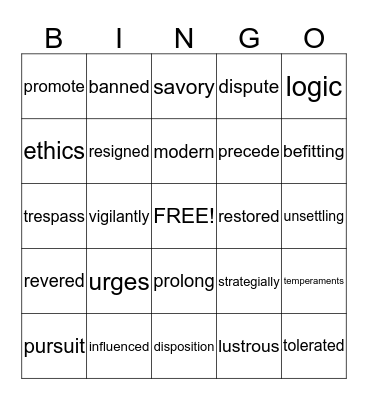 Reading Vocabulary Review Bingo Card