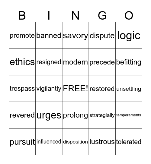 Reading Vocabulary Review Bingo Card