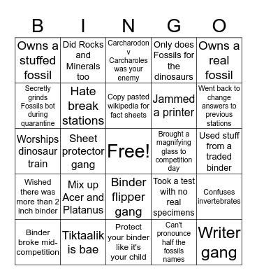 Science Olympiad: Fossils Bingo Card
