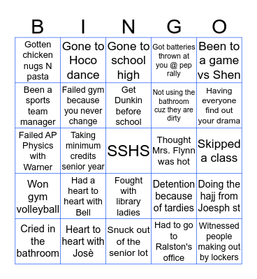 Saratoga Springs High School Bingo Card