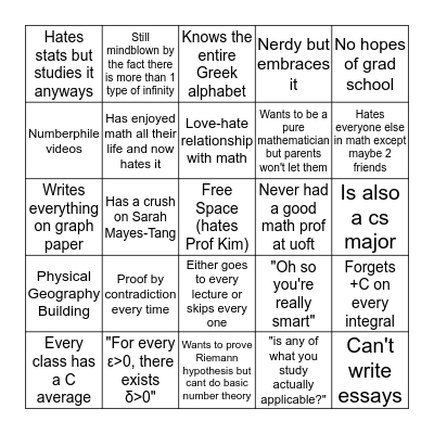 UofT Math Major Bingo Card
