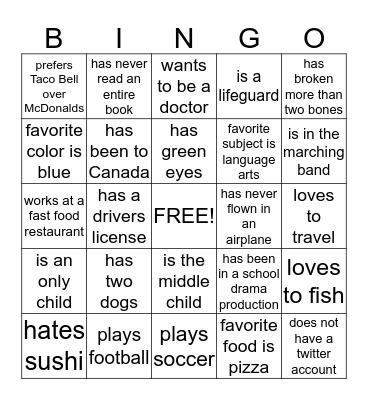 Get-To-Know-Your-Classmates Bingo Card