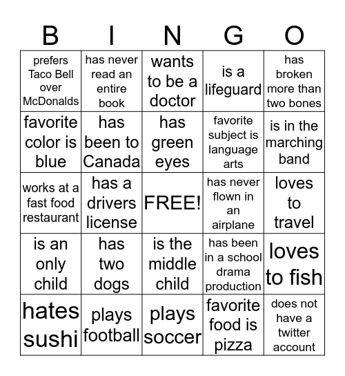 Get-To-Know-Your-Classmates Bingo Card