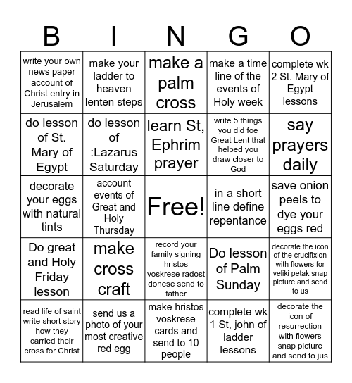 Great Lent Bingo Card