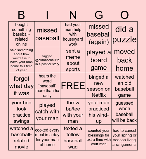 baseball wag quarantine bingo Card