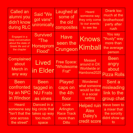 Delta Chi Bingo Card