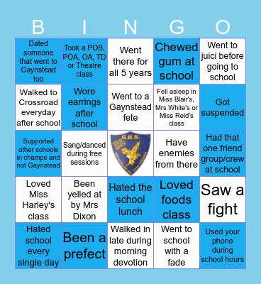 Gaynstead High School Bingo Card