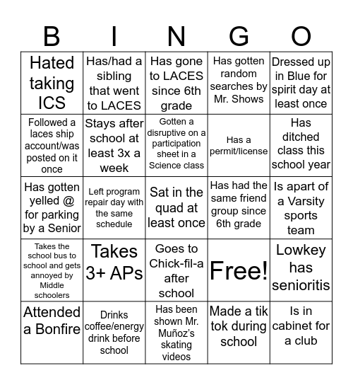 Class of 2021 Bingo Card