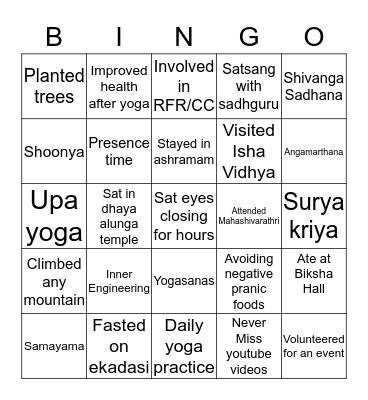 Isha Yoga Bingo Card