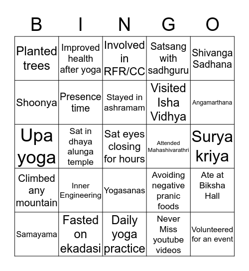 Isha Yoga Bingo Card