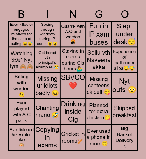 Narayana SBVCO’s memories Bingo Card