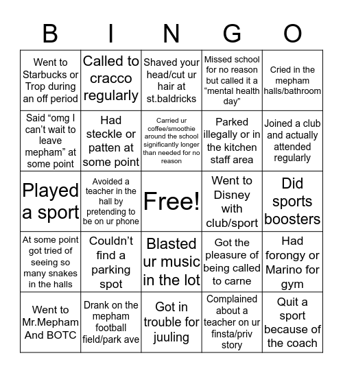 Mepham Bingo Card