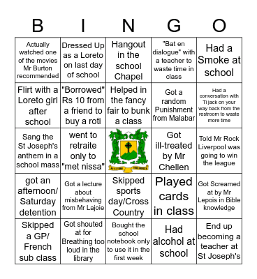 St Joseph's College Bingo Card