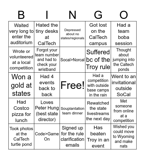 Science Olympiad: Southern California Bingo Card