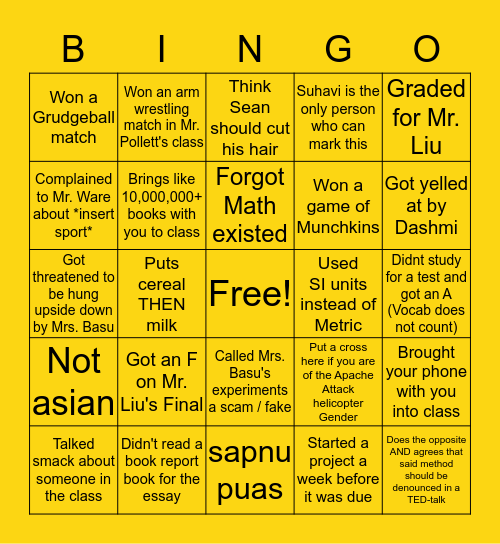 Challenger Bingo Card