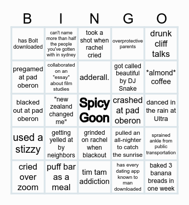 OZ Crackheads Bingo Card