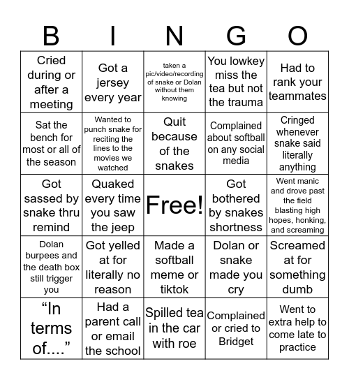 Mepham Softball Bingo Card