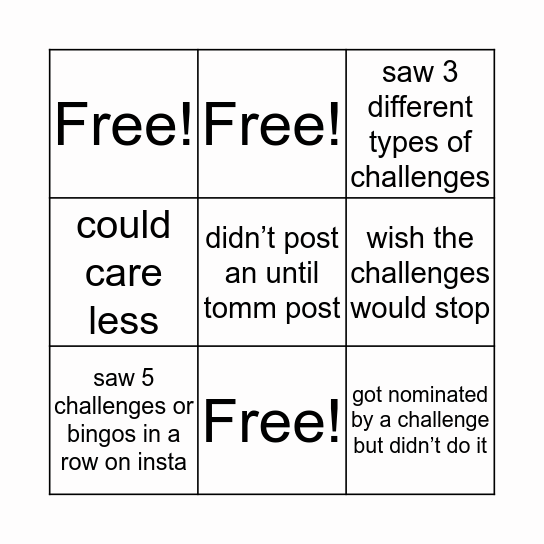 Instagram Challenges Bingo Card
