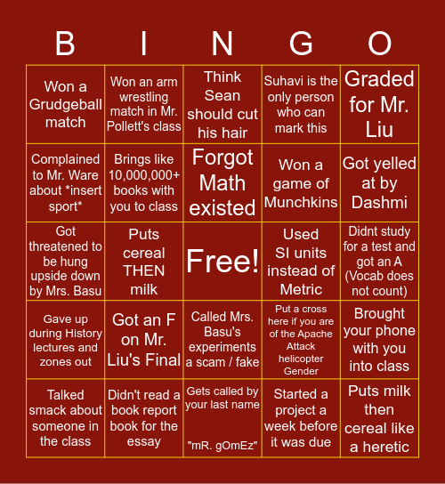 Challenger Bingo Card