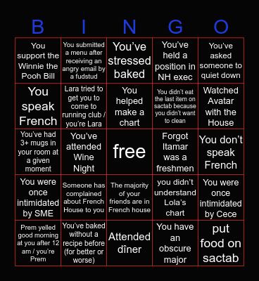 French House Bingo Card