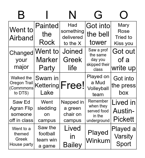Wilmington College Bingo Card