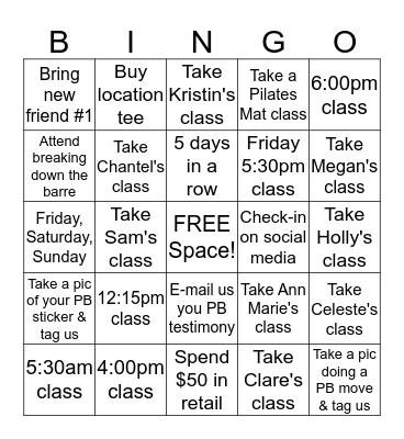 Pure Barre Bingo Card