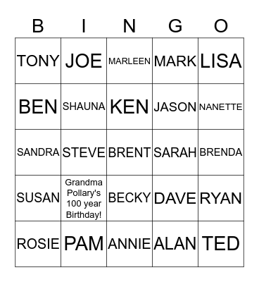 GRANDMA POLLARY'S 100 YEAR OLD BIRTHDAY! Bingo Card