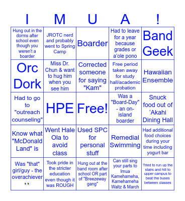 Kamehameha Confessions Bingo Card