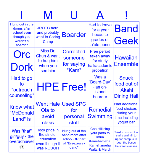 Kamehameha Confessions Bingo Card