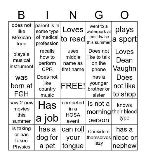 Health Science II People Bingo Card