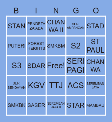 Seremban Schools Bingo Card