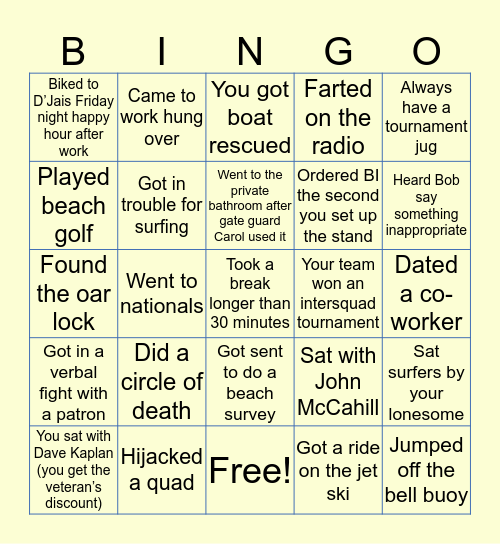 Bradley Beach Bingo Card