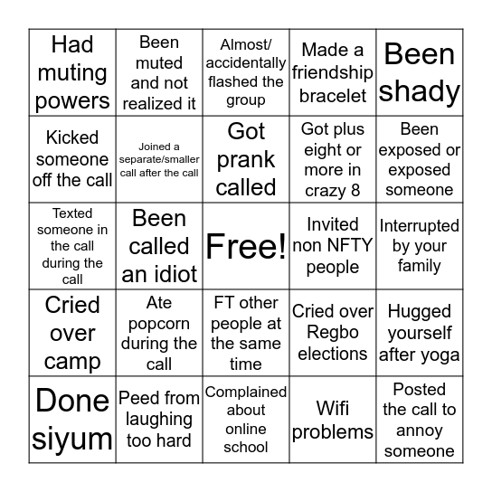 nfty friends zoom call bingo Card