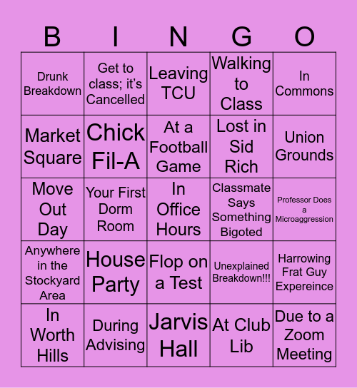 Crying at TCU Bingo Card